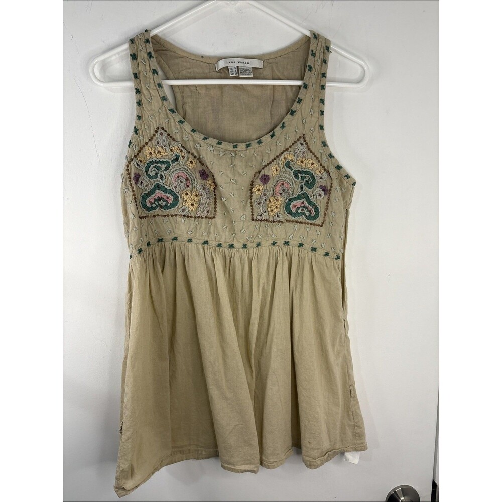 Zara women's top Peasant Embroidered Sz S Beige Round Neck Sleeveless 100 Cotton
